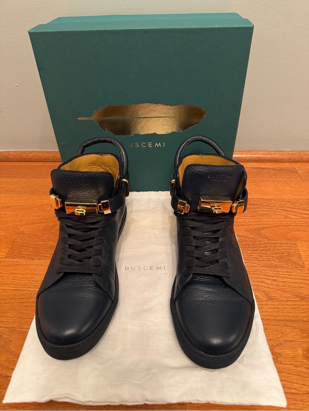 Buscemi Men's Blue Leather High-Top Sneakers with Gold Hardware